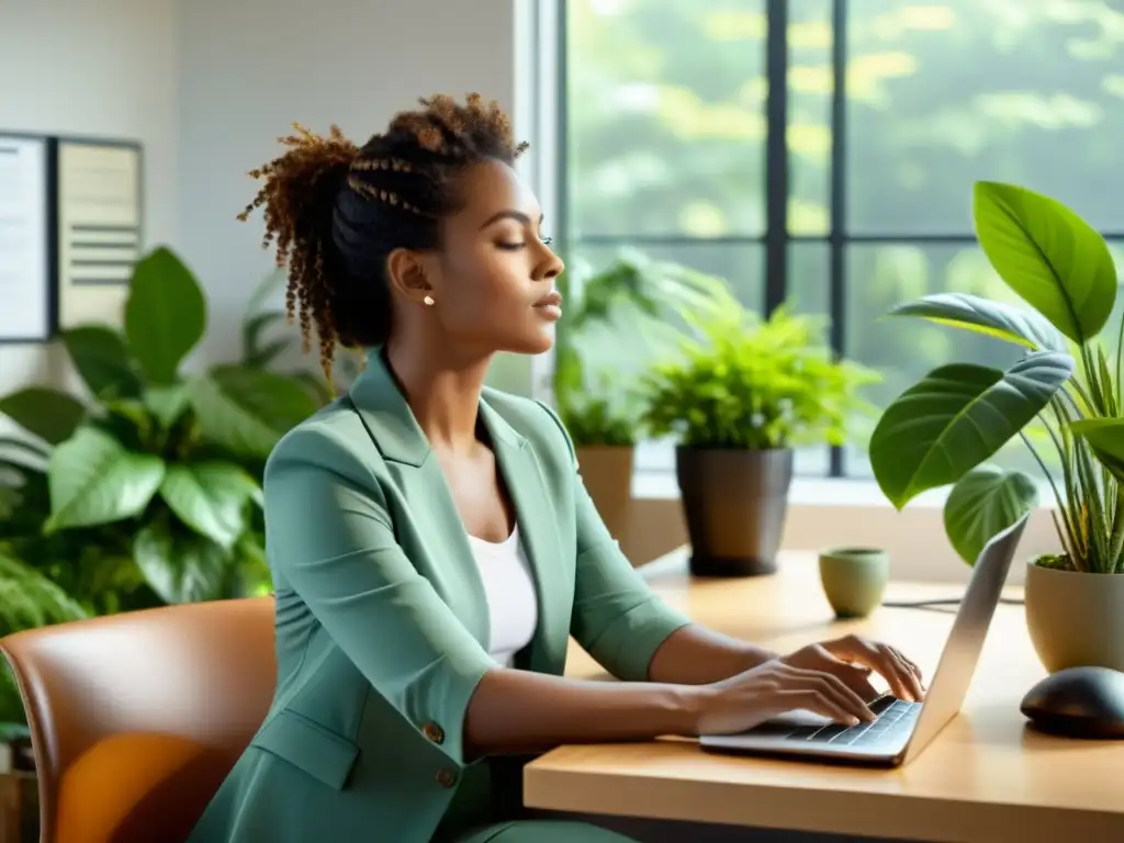 Persona en escritorio con ergonomía, respirando profundo en ambiente saludable y relajado, rodeado de plantas y luz natural