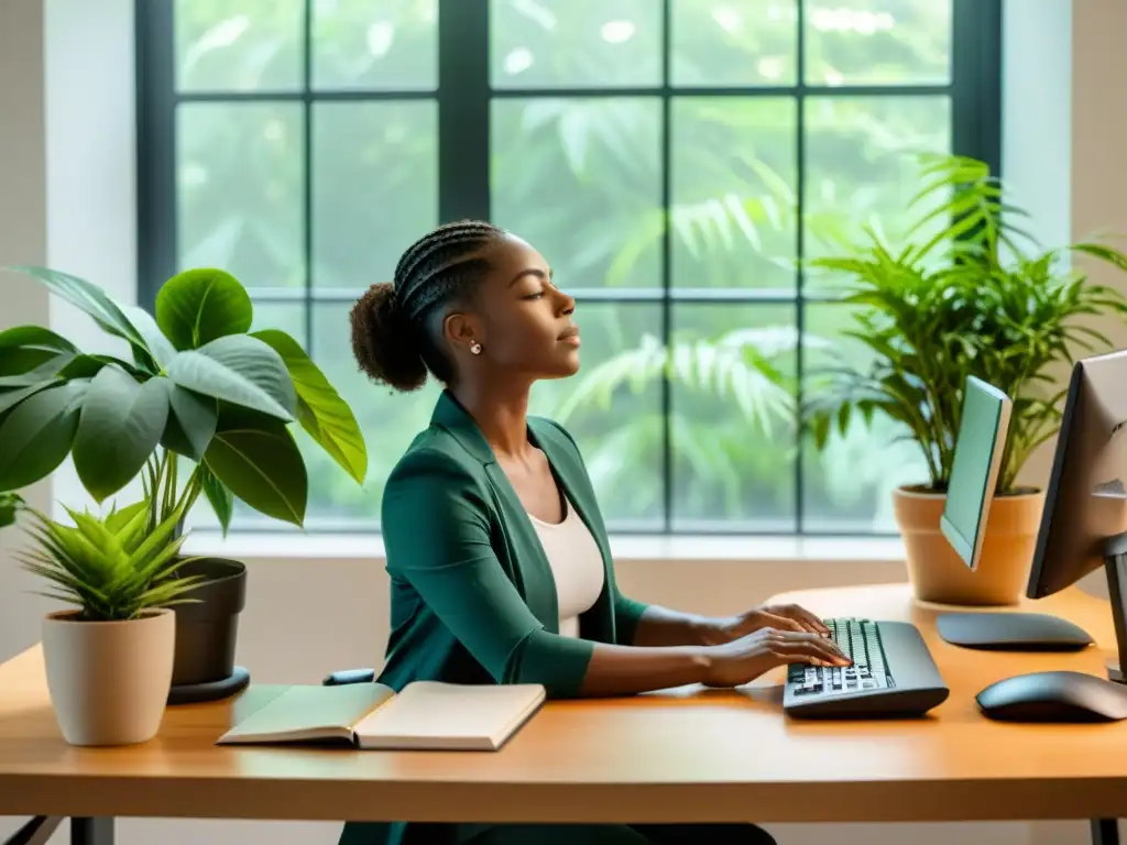 Persona en escritorio ergonómico respira profundo rodeada de plantas y luz natural