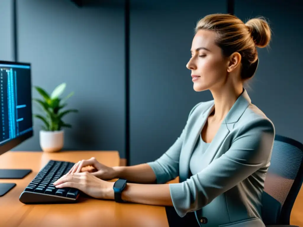 Persona en escritorio moderno con teclado ergonómico, manos en posición adecuada