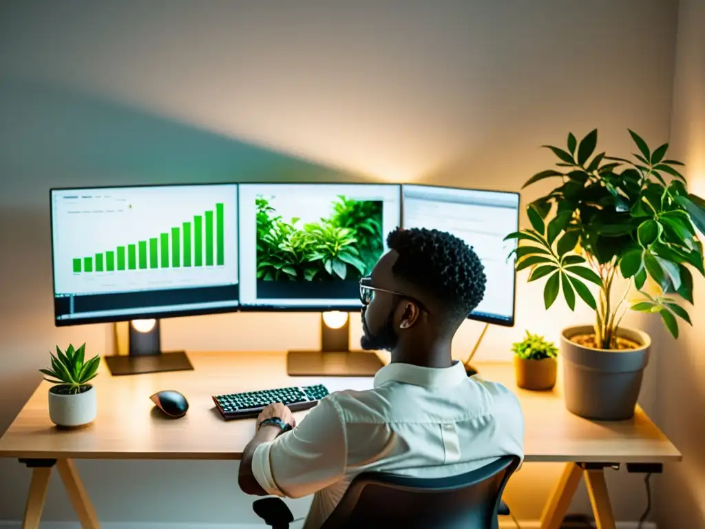 Persona trabajando en un espacio ergonómico con monitor a nivel de los ojos, silla de soporte lumbar, teclado, ratón y planta de fondo