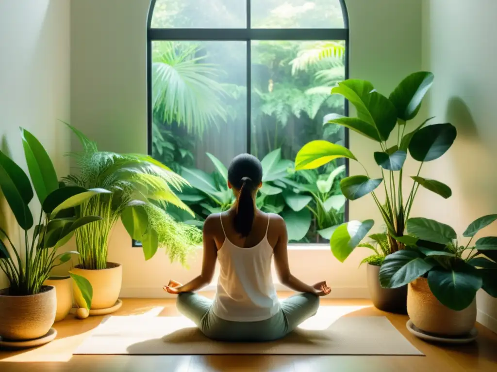 Persona meditando en un espacio luminoso y minimalista, rodeada de plantas verdes