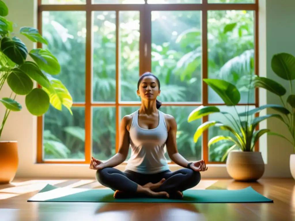 Una persona practica yoga en un espacio sereno y aireado, rodeada de exuberantes plantas verdes