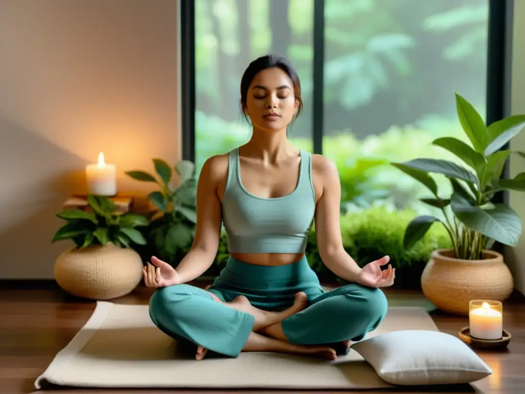 Aromaterapia para meditación y respiración: persona meditando en espacio sereno con esenciales y plantas aromáticas