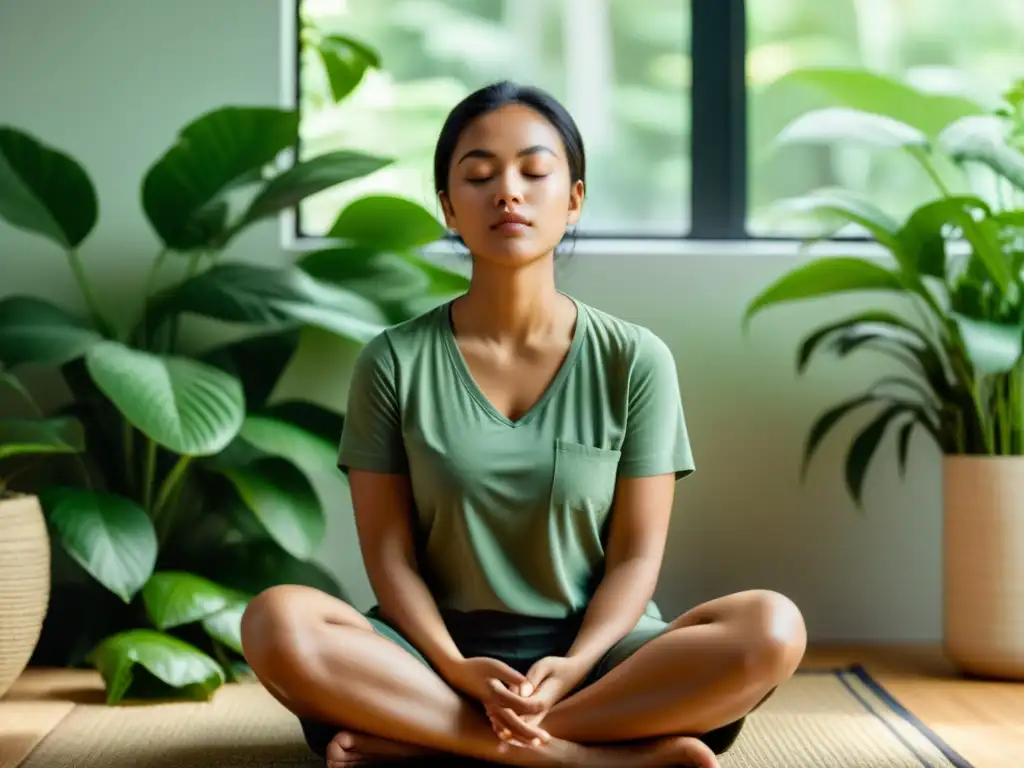 Una persona en meditación, respirando controladamente en un espacio sereno con luz natural y toques de vegetación