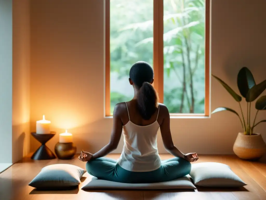 Persona meditando en un espacio sereno con luz natural