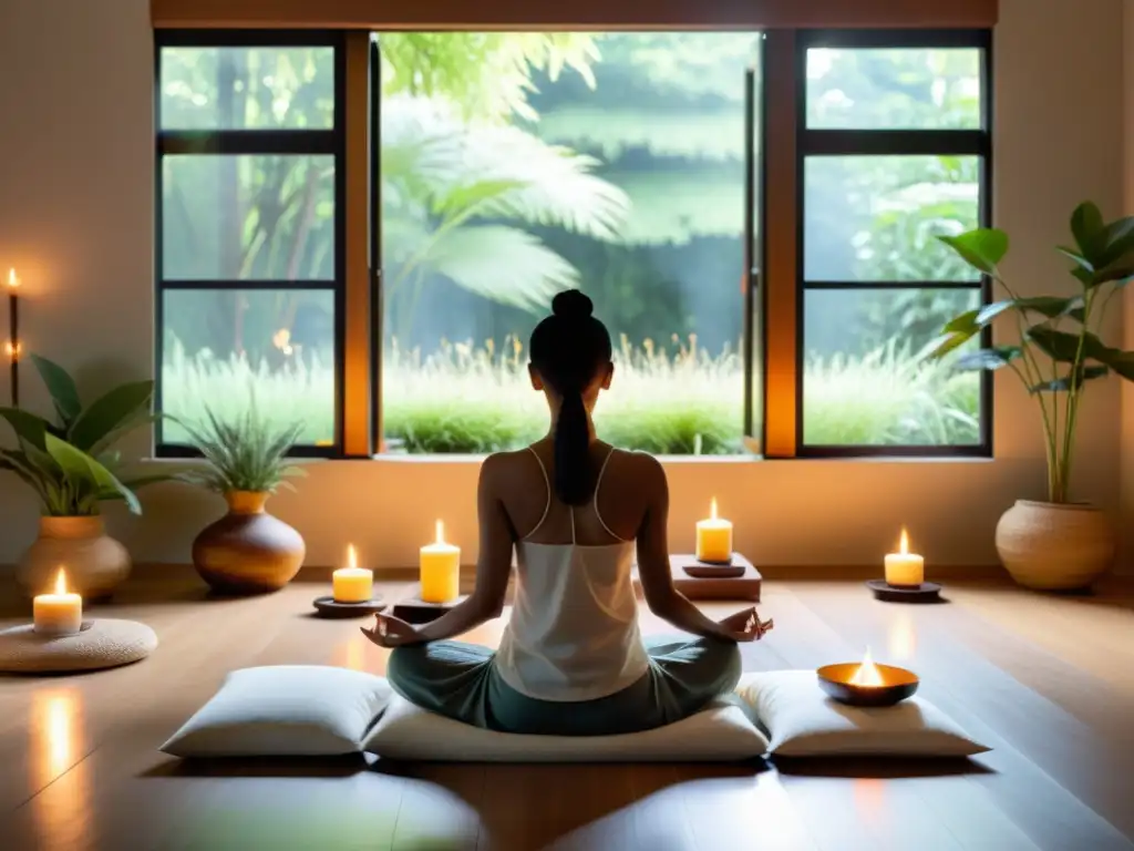 Persona meditando en un espacio sereno con luz dorada y velas, en un curso online respiración meditación plenitud