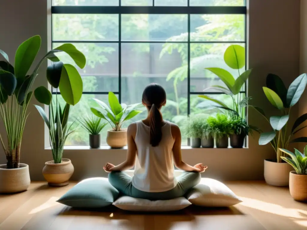 Persona meditando en un espacio sereno con plantas, colores terrosos y beneficios terapéuticos respiración holotrópica