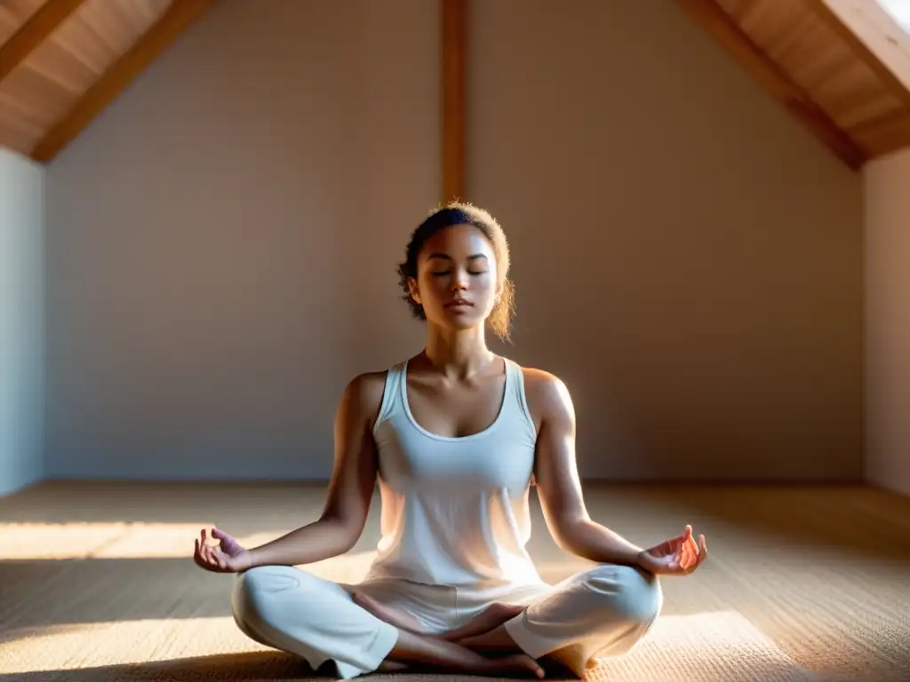 Persona meditando en un espacio sereno, practicando la respiración rítmica para regular el sistema nervioso autónomo