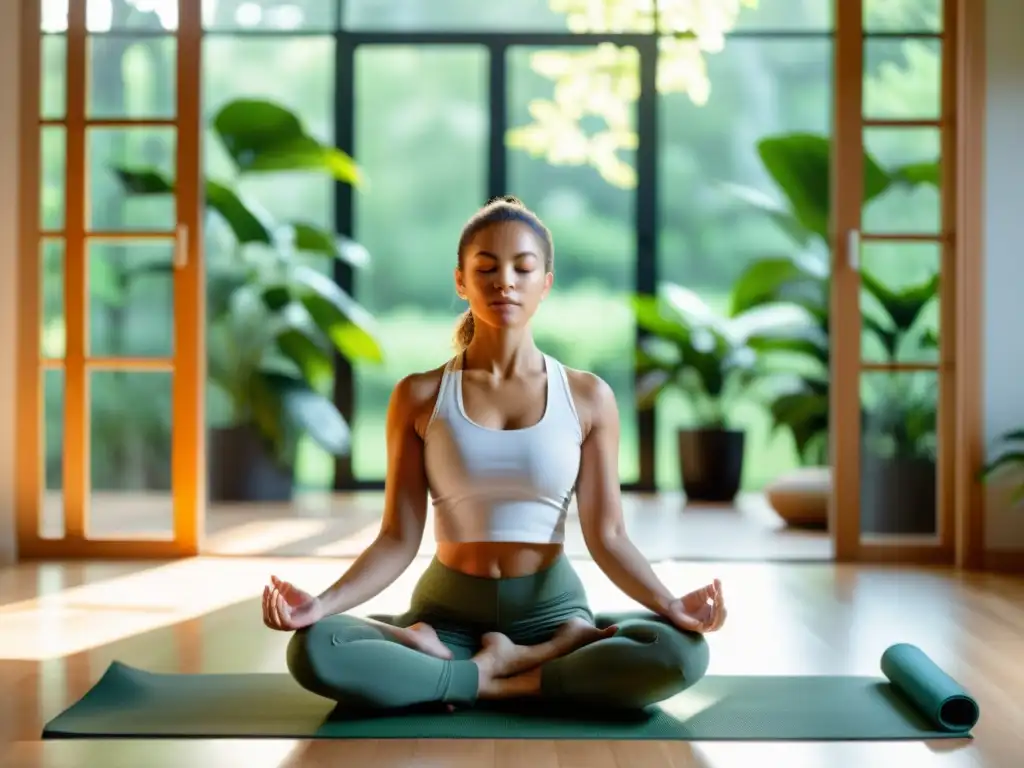 Persona meditando en un espacio sereno, rodeada de naturaleza y luz natural