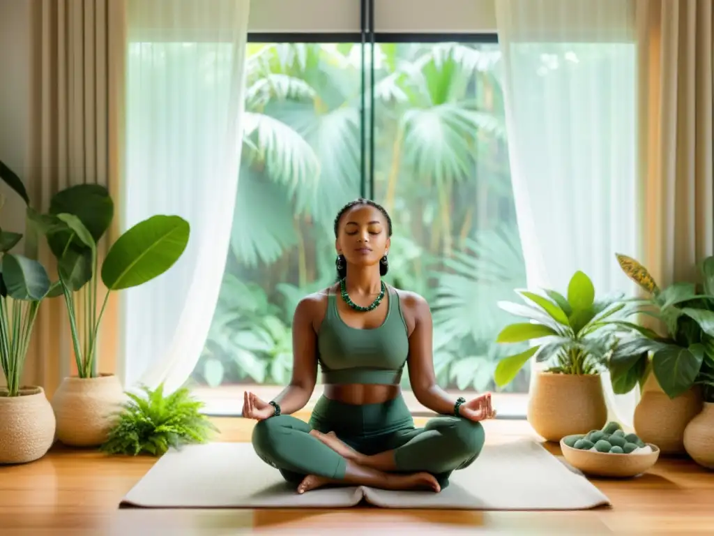 Persona meditando en un espacio sereno, rodeada de plantas verdes, luz suave y mala beads