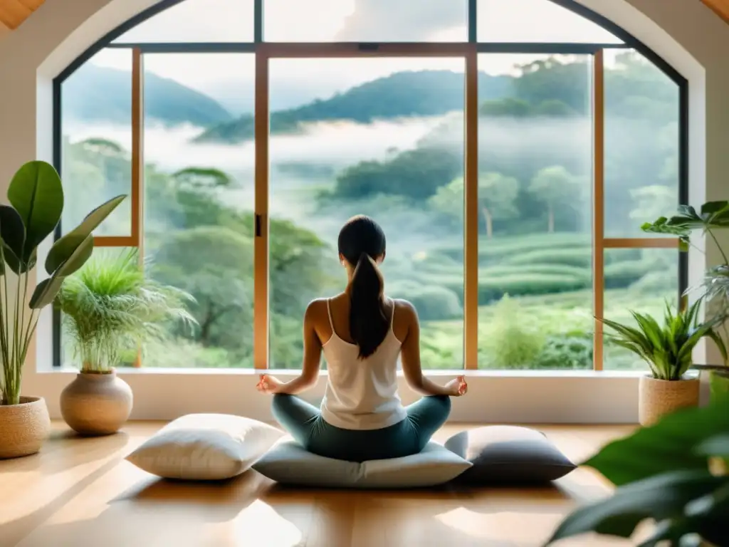 Persona meditando en un espacio sereno con vista a la naturaleza, rodeada de plantas y luz suave, transmitiendo calma y conexión con ejercicios de respiración para meditación