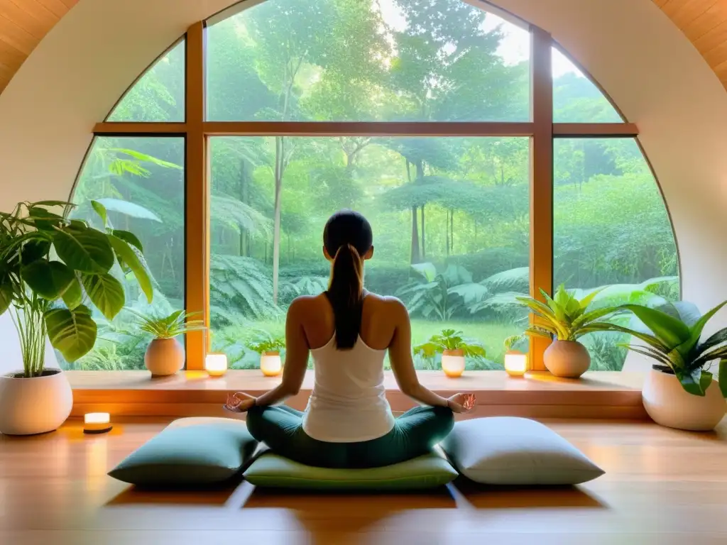 Persona meditando en un espacio sereno con vista a un bosque, en un curso online respiración meditación plenitud