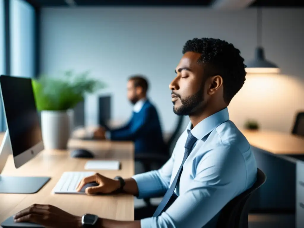 Una persona respira lentamente en su espacio de trabajo ergonómico