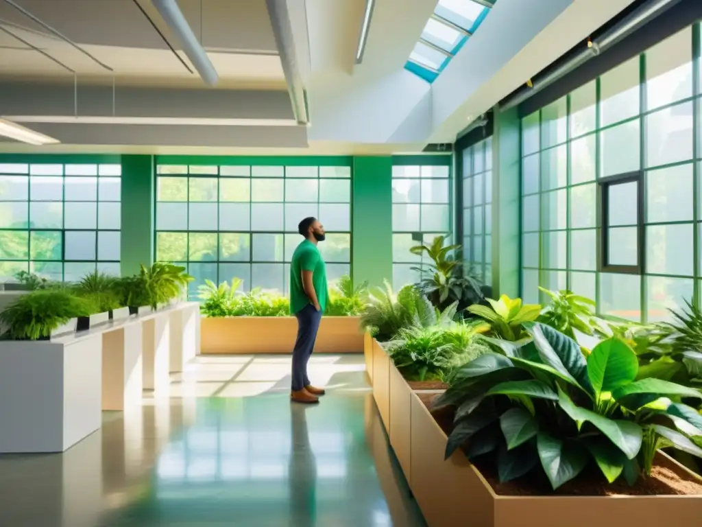 Persona respirando en un espacio de trabajo luminoso y vibrante, rodeada de plantas verdes