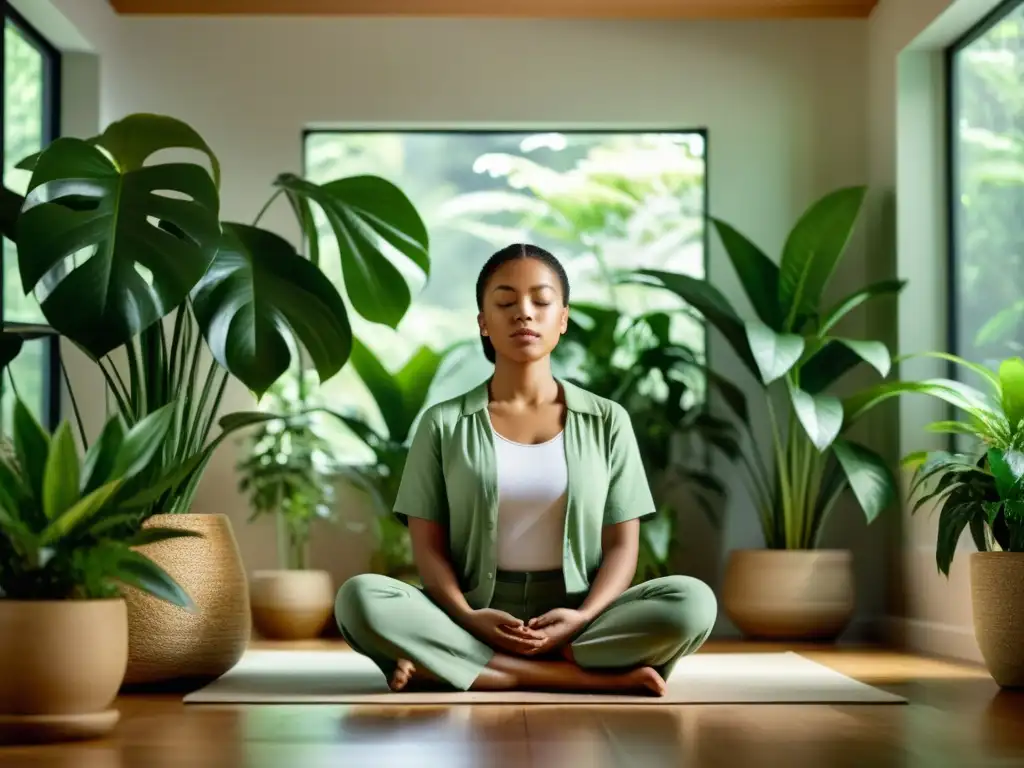 Persona en meditación, respirando profundamente en un espacio tranquilo con plantas verdes