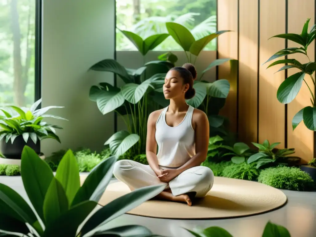 Persona meditando en un espacio verde, evocando beneficios psicológicos de la respiración consciente