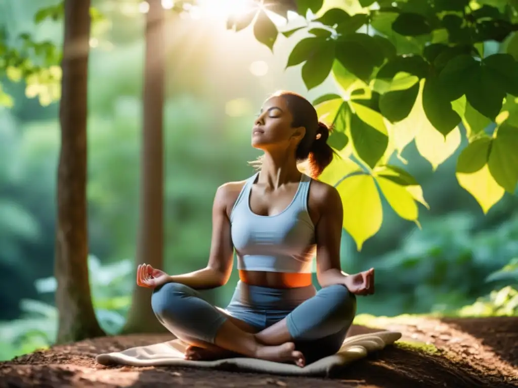 Persona practicando estrategias de respiración para mejorar la capacidad pulmonar, rodeada de naturaleza en un ambiente sereno y tranquilo