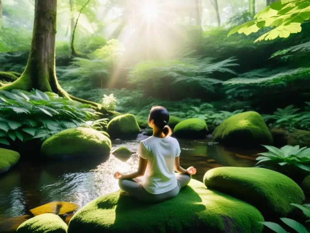 Persona practicando estrategias de respiración eficiente en un bosque exuberante, conectando con la naturaleza y la alimentación consciente