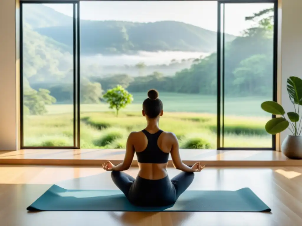 Persona practicando estrategias respiratorias para controlar ansiedad en sala de estar moderna con vista a la naturaleza