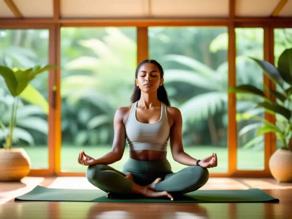 Persona practicando Bhramari Pranayama para aliviar estrés en un entorno tranquilo y naturalmente iluminado, rodeada de vegetación exuberante