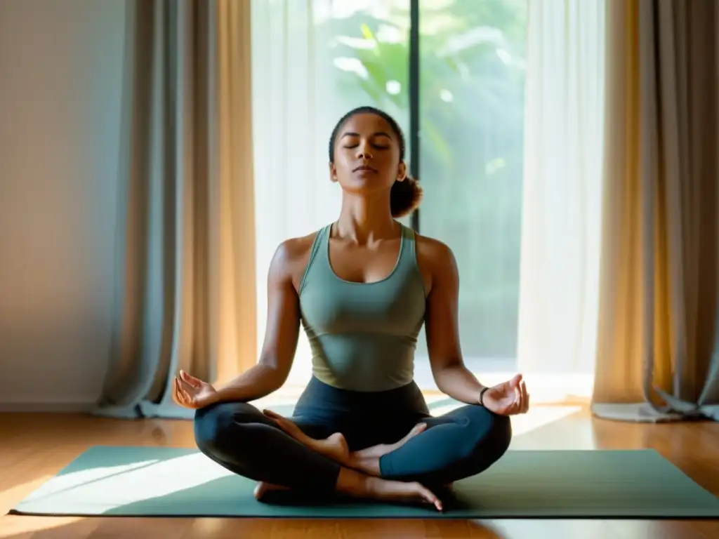 Persona practicando Bhramari Pranayama para aliviar estrés en un estudio sereno con luz natural y cortinas