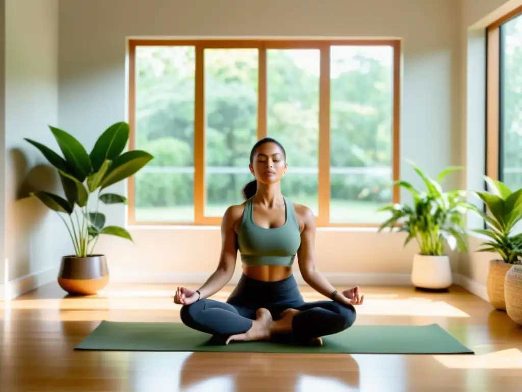 Una persona practica yoga en un estudio moderno rodeado de plantas verdes, con grandes ventanas que dejan entrar luz natural