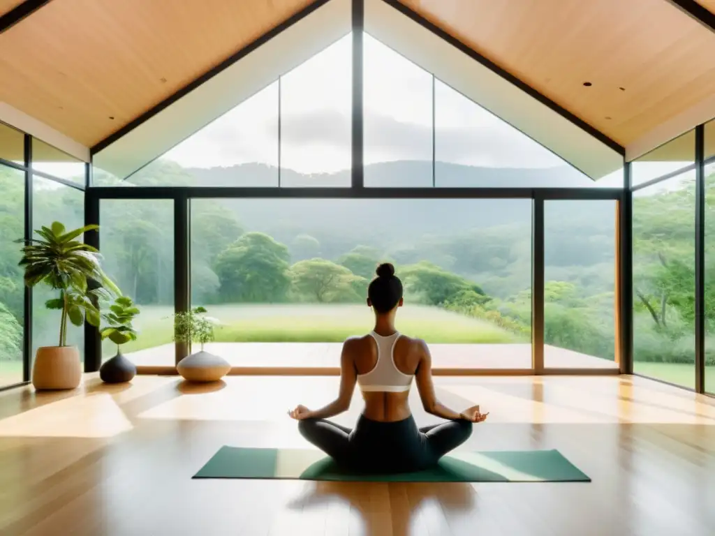 Persona practicando pranayama yoga en estudio moderno con ventanas de piso a techo y vistas a paisaje verde