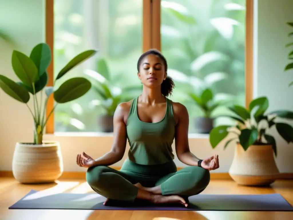 Una persona en un estudio de yoga tranquilo, practicando respiración consciente y equilibrio energético