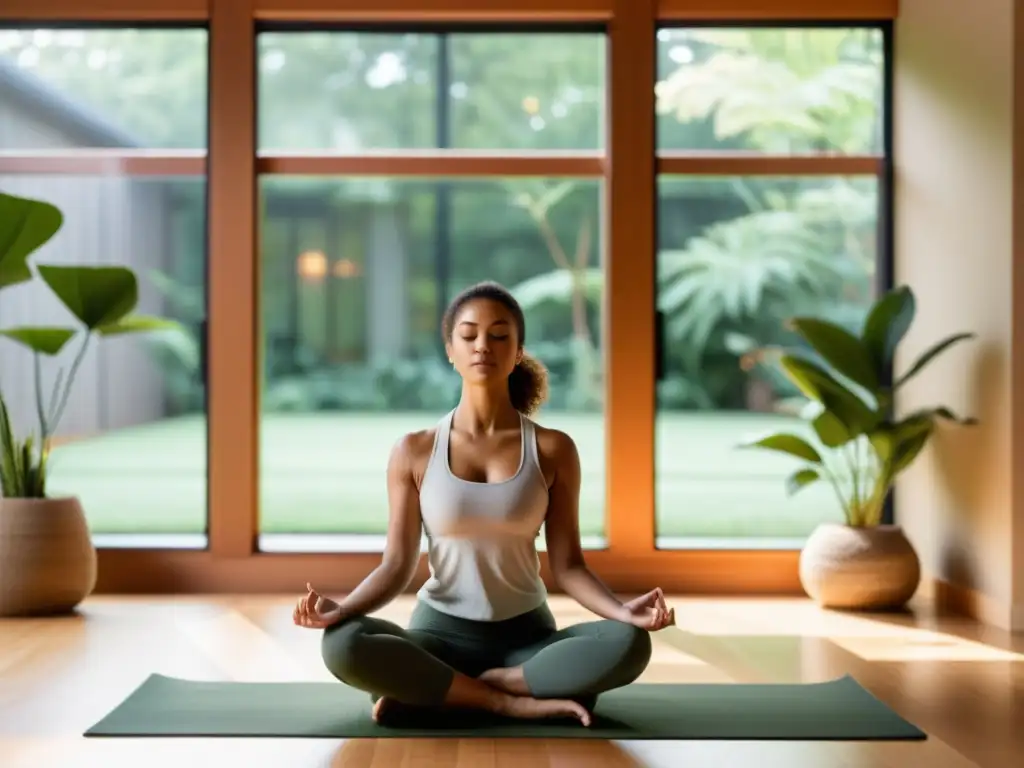 Persona meditando en estudio de yoga con vista a jardín, respiración consciente para descompresión columna