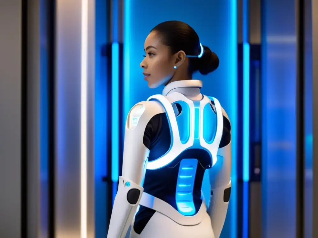 Exoesqueleto respiratorio futurista en entorno médico Persona con exoesqueleto blanco futurista y avanzados sistemas respiratorios integrados