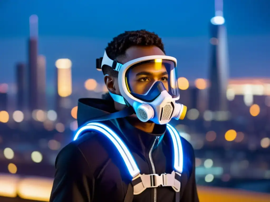Exoesqueleto respiratorio futurista en la ciudad nocturna Una persona con exoesqueleto respiratorio futurista se destaca en la ciudad nocturna, evocando avances en exoesqueletos respiratorios