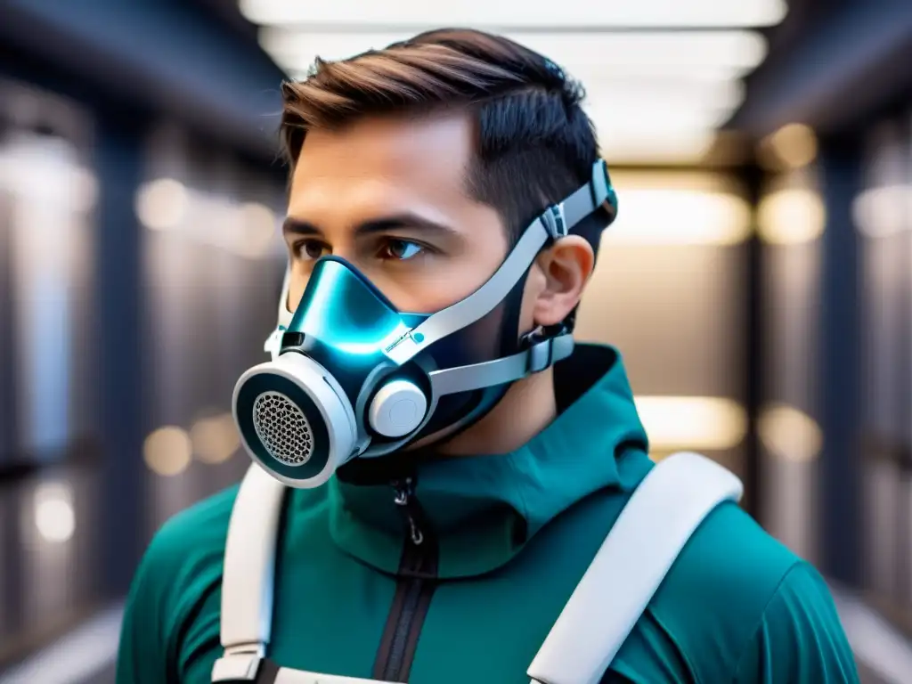 Exoesqueleto respiratorio futurista en un entorno médico avanzado Una persona con exoesqueleto respiratorio vanguardista en un centro médico moderno