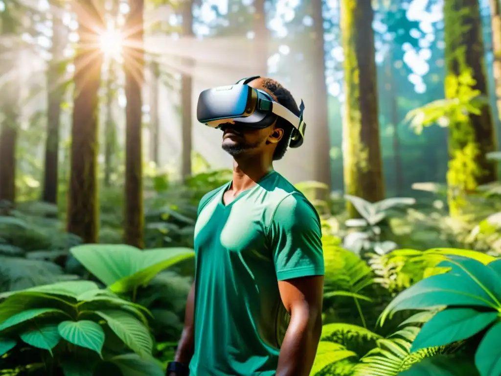 Persona disfruta de una experiencia de realidad virtual para respiración en un exuberante bosque virtual