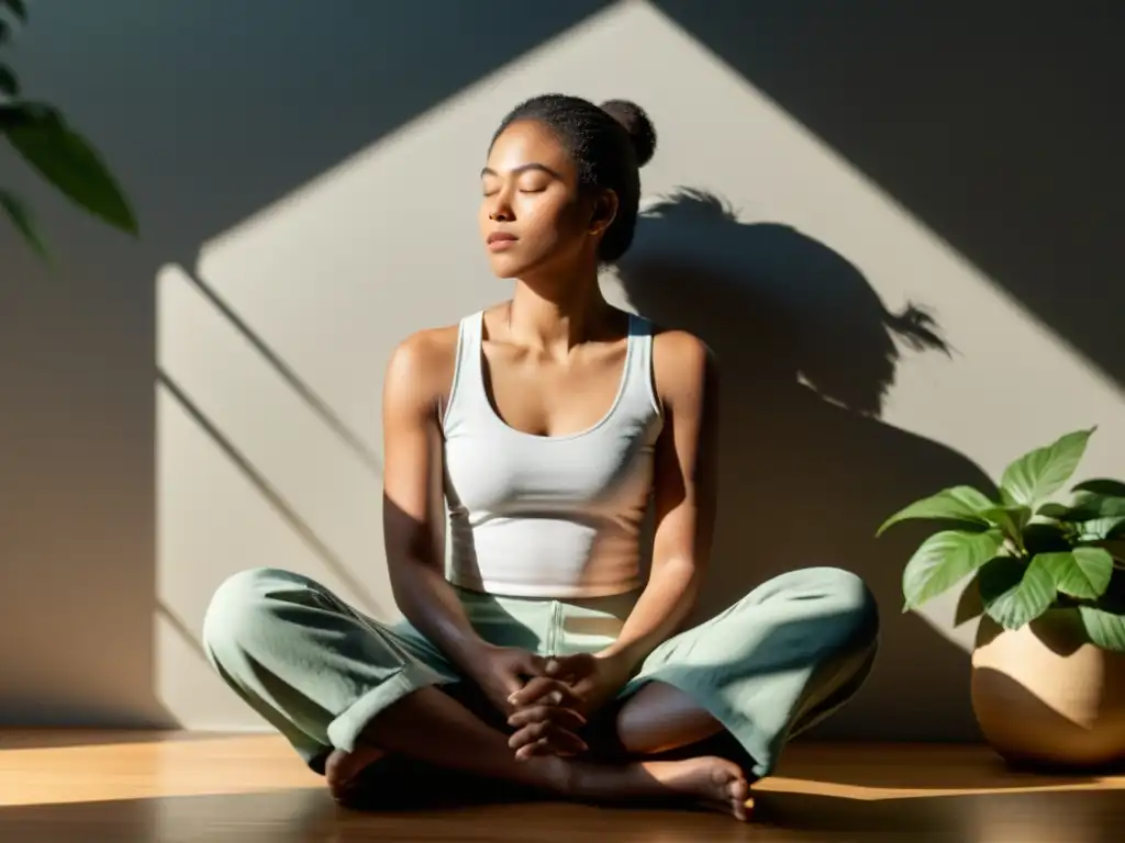 Una persona en meditación, con expresión serena, respiración calmada