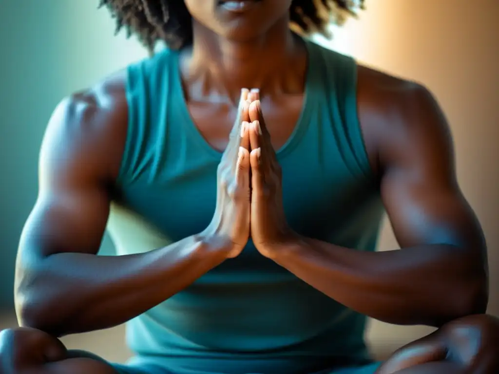 Persona practicando pranayama yoga en meditación, con expresión serena, rodeada de luz suave