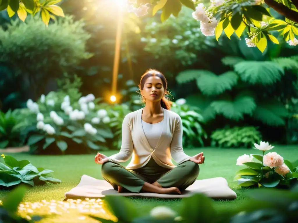 Persona meditando en jardín exuberante, transmitiendo paz interior