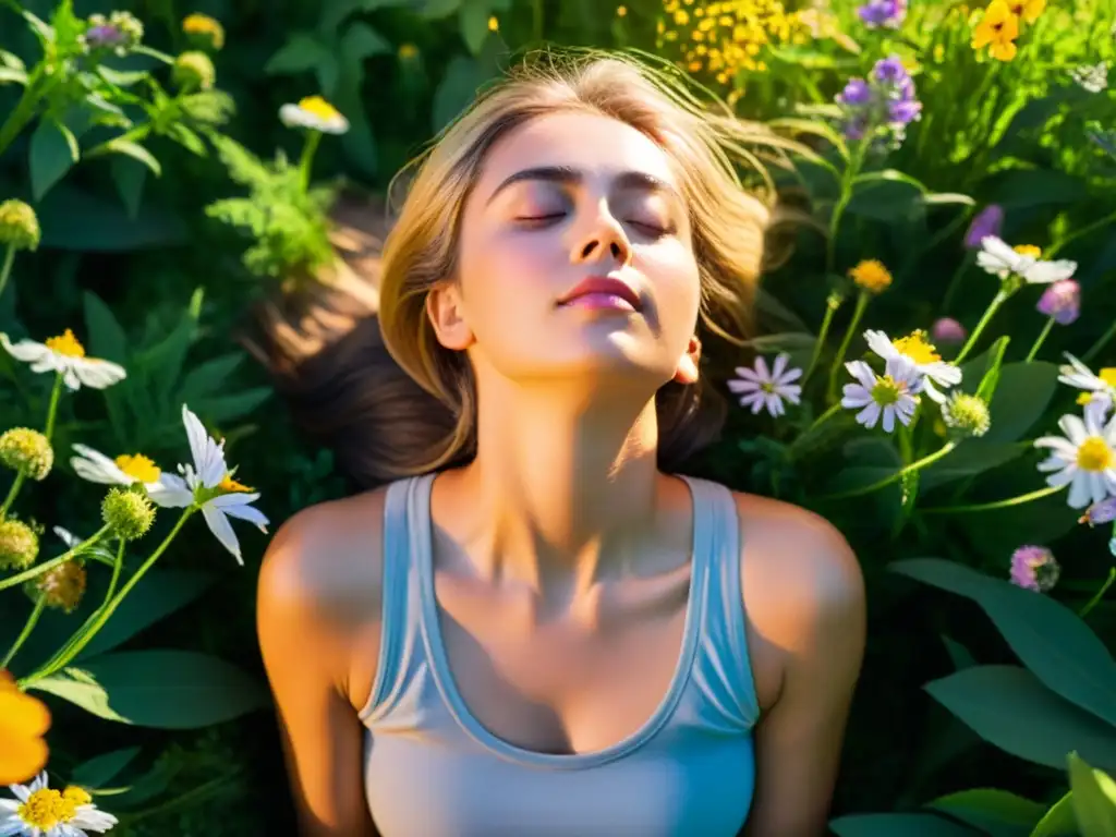 Persona meditando entre flores silvestres, respirando profundamente, con una expresión serena