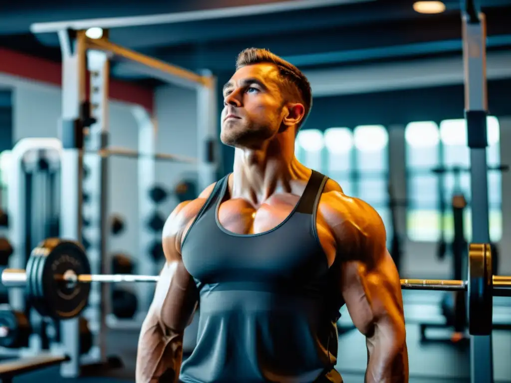 Persona en el gimnasio realizando respiración diafragmática antes de levantar pesas, en un ambiente moderno y enfocado en la técnica