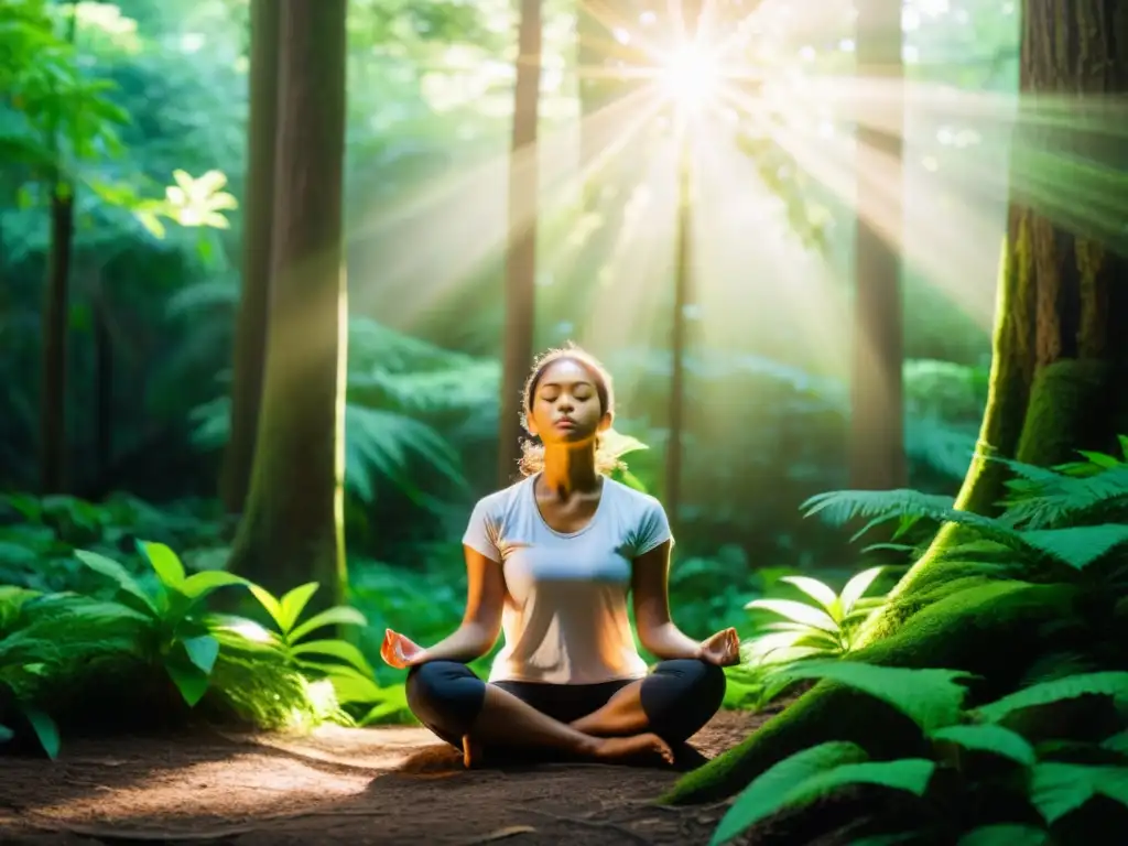 Persona en meditación guiada respiración profunda en un bosque exuberante, iluminada por suave luz entre los árboles