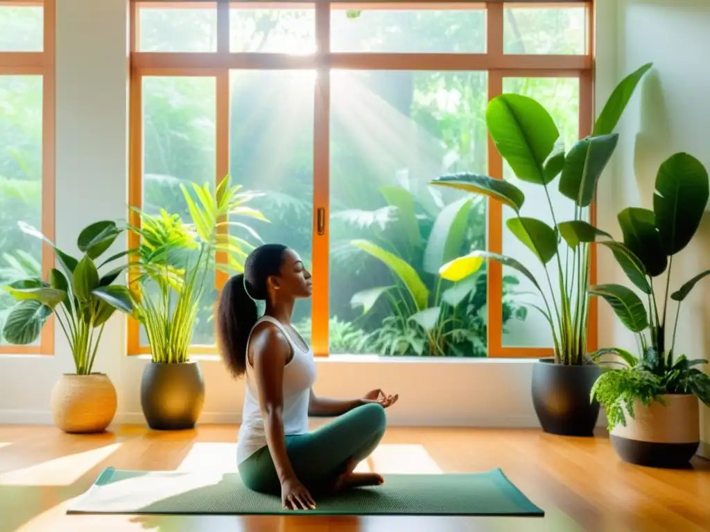 Persona meditando en habitación luminosa con purificador de aire, rodeada de plantas