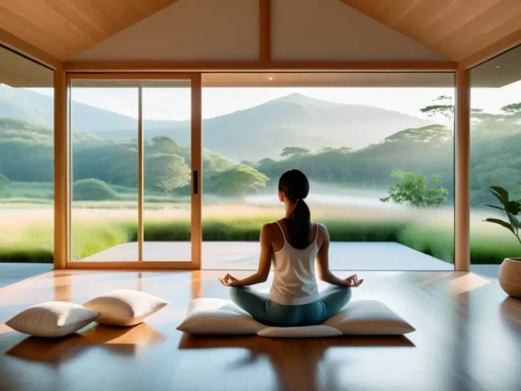 Persona meditando en una habitación luminosa con vista a la naturaleza, técnicas respiración controlar estrés emocional