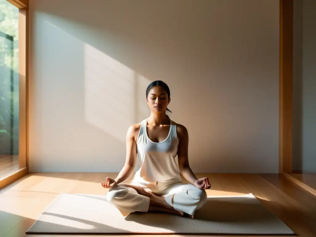 Persona meditando en una habitación minimalista bañada por luz natural