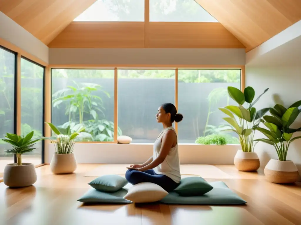 Persona meditando en una habitación serena con beneficios de la respiración nasal y paz interior