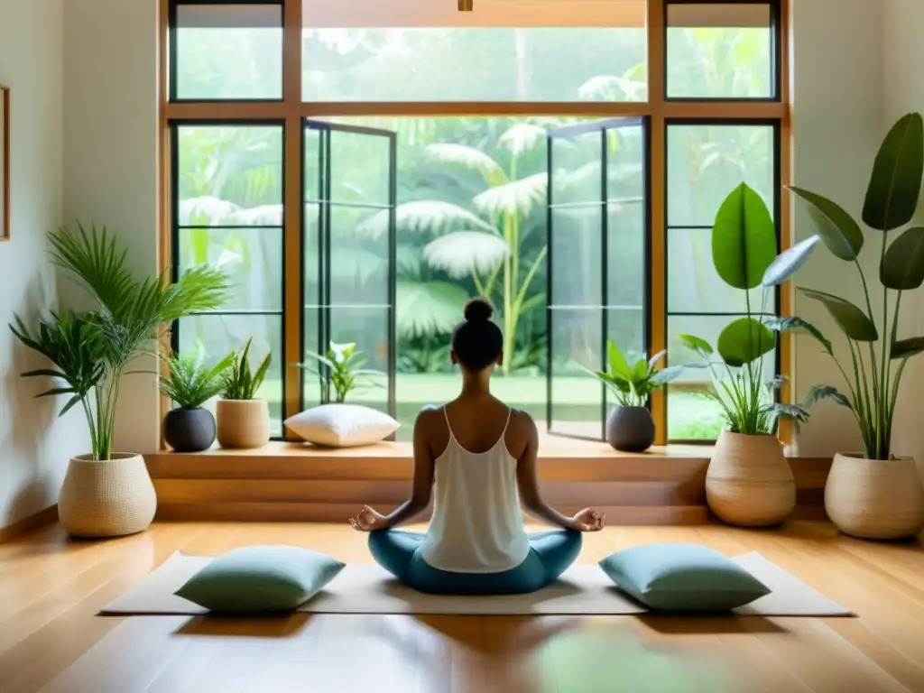 Persona meditando en una habitación serena con luz natural, plantas y arte relajante