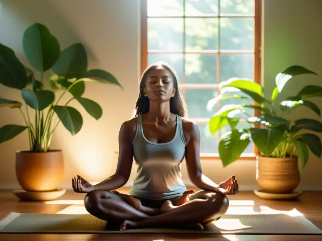 Persona meditando en una habitación serena, practicando técnicas de respiración consciente para reducir estrés