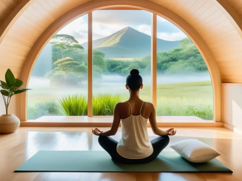 Persona meditando en una habitación serena con vista a la naturaleza, promoviendo la importancia de la coherencia cardiorrespiratoria