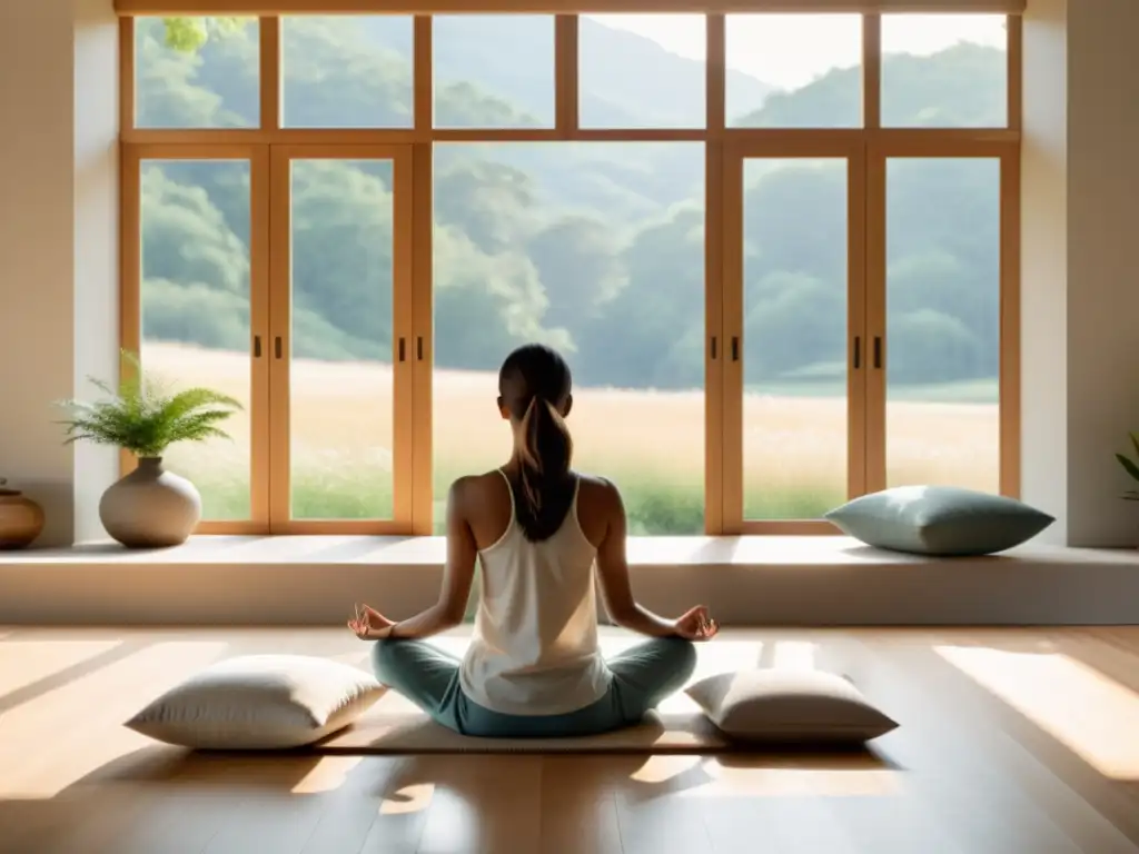 Persona meditando en una habitación serena con vista a la naturaleza, ideal para respiración consciente en trastornos de pánico