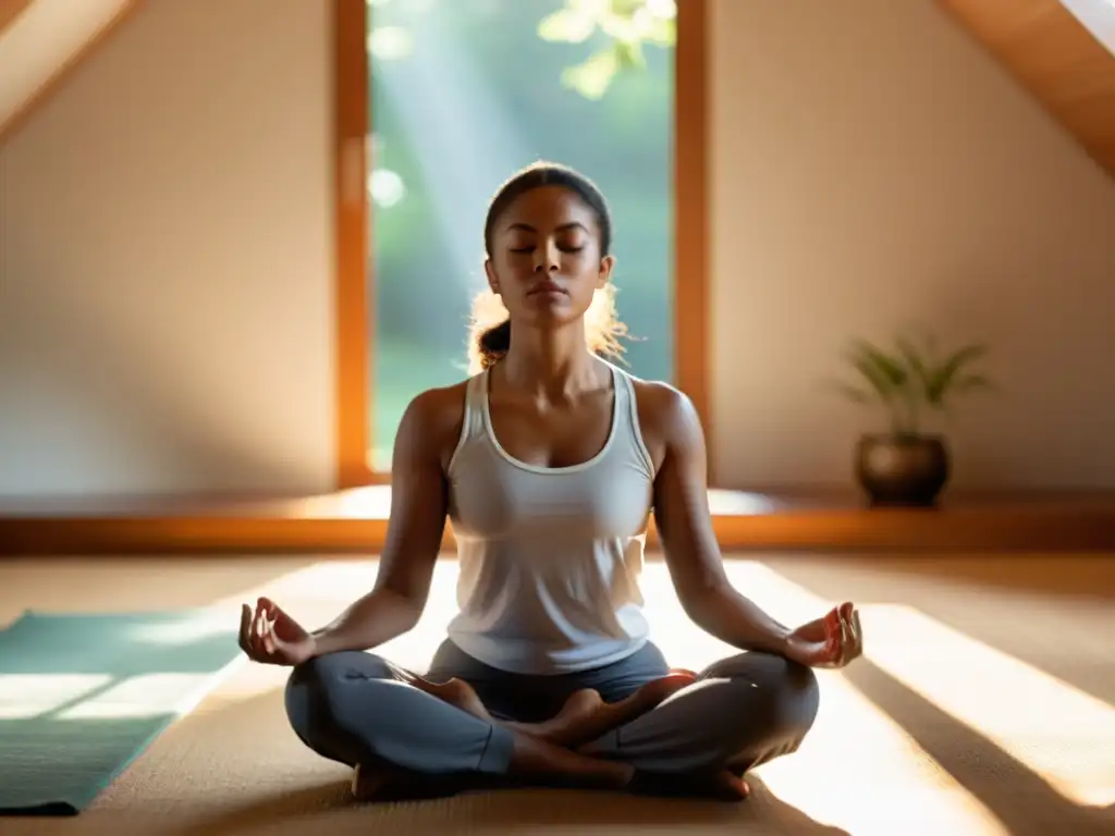 Persona meditando en habitación soleada, practicando respiración consciente