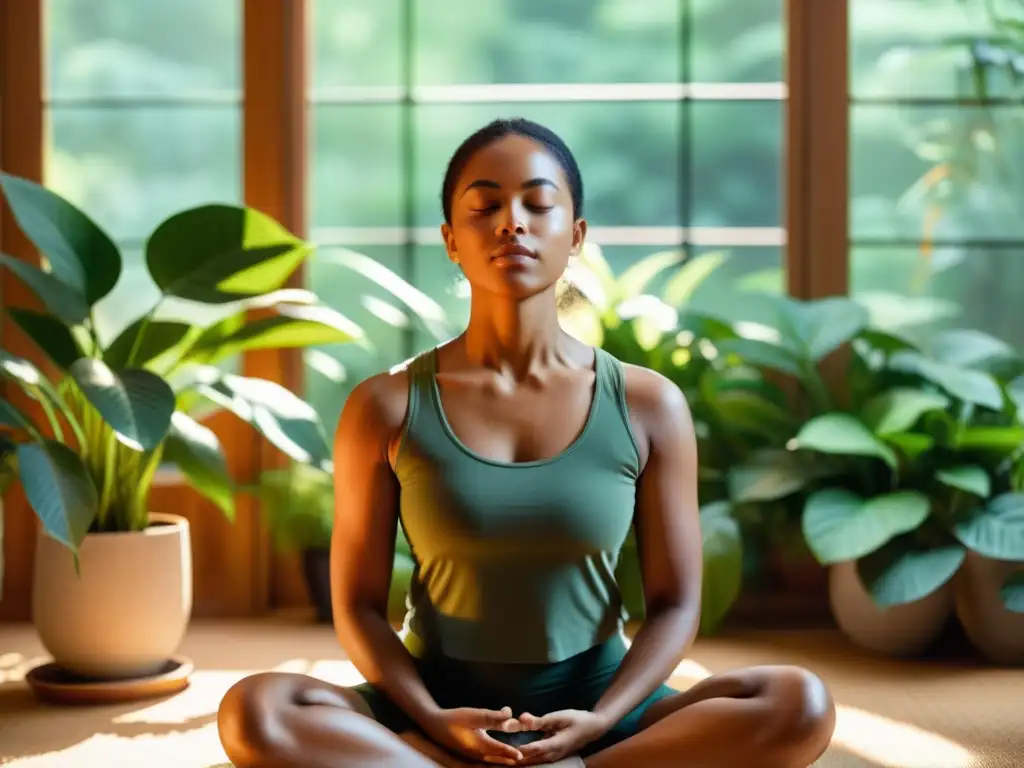 Persona meditando en habitación soleada rodeada de plantas, disfrutando beneficios de la respiración para la fatiga mental