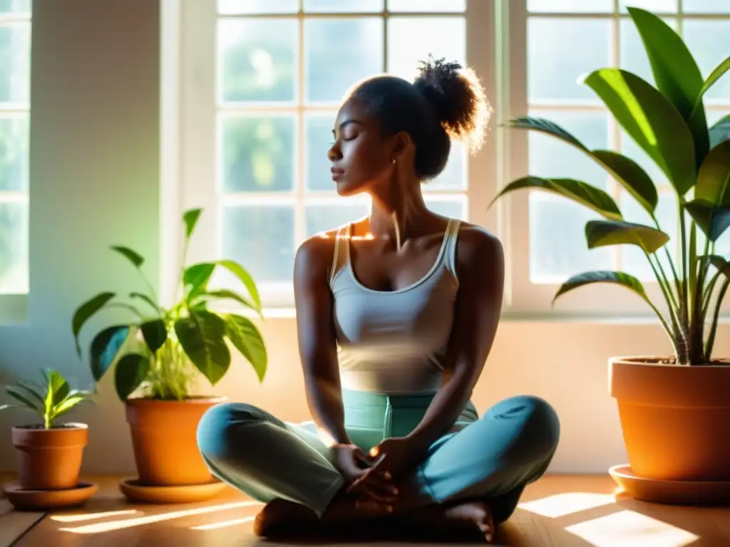 Persona meditando en habitación soleada, respirando profundamente